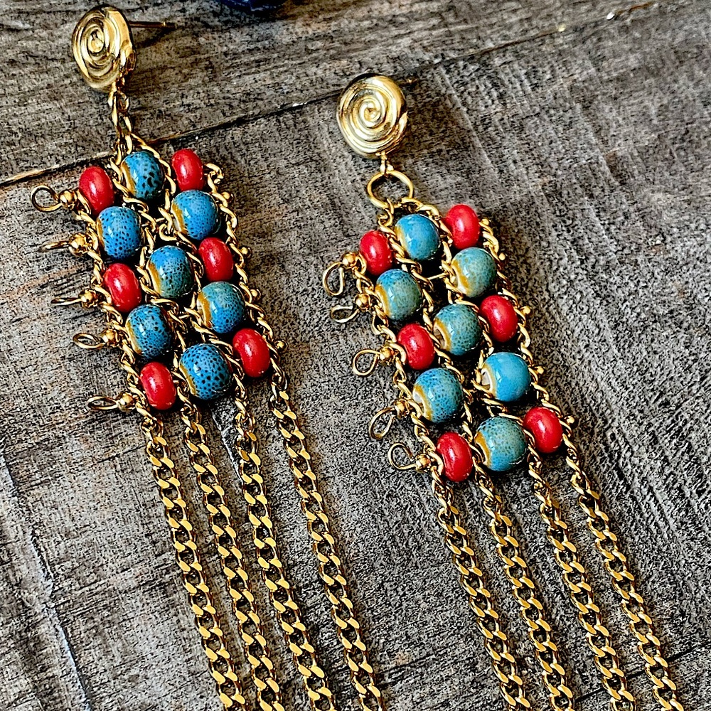 NEW Ceramic Beaded Gold Tassel Earrings - Picture 4 of 13
